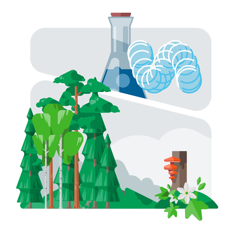 Illustration of clear water in a lab bottle and forest greenery