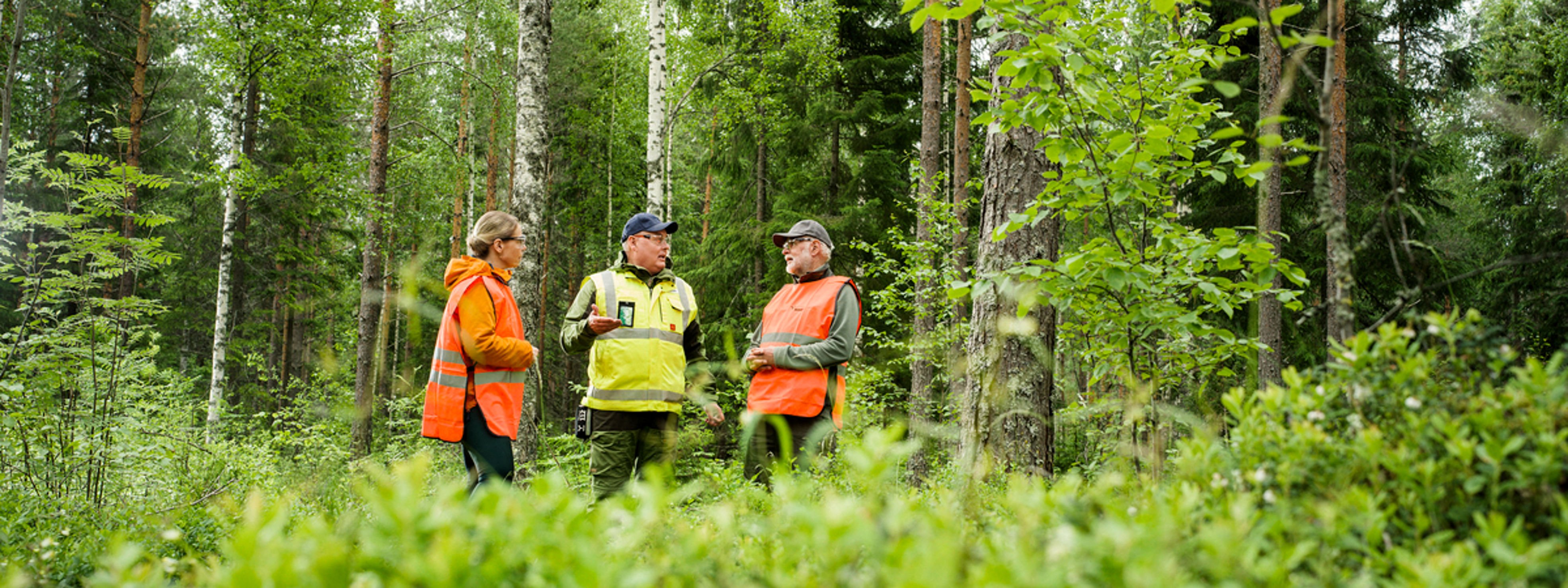 A forest owner and forest specialist sitting in the forest, enjoying coffee by the fire