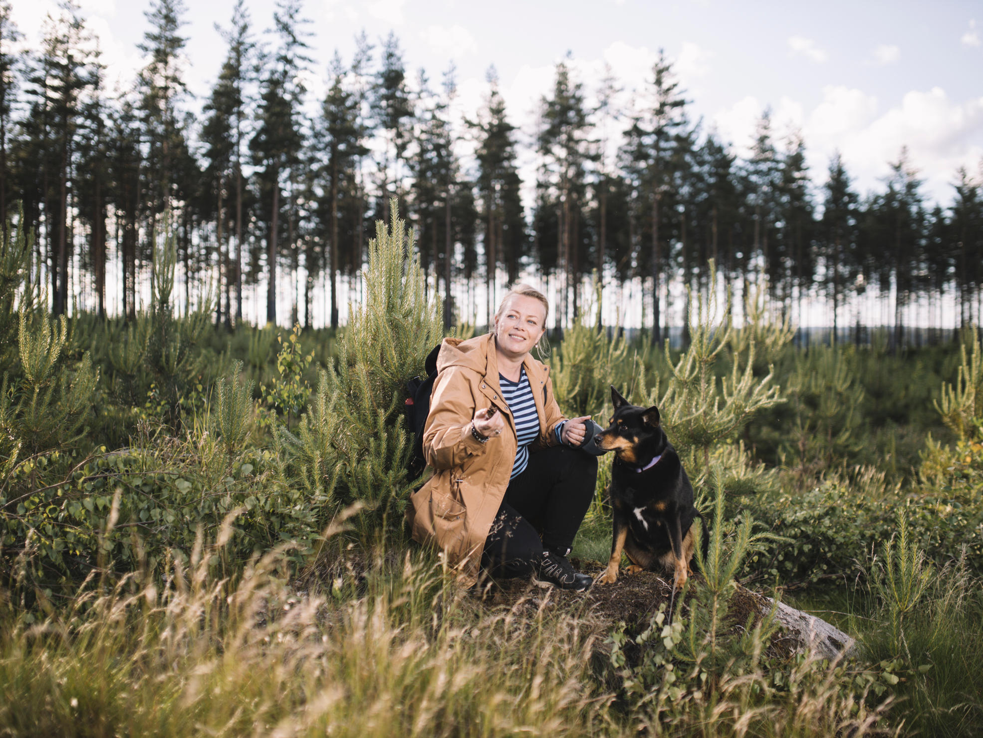 Kvinna nedböjd med hund i tallplantskog.