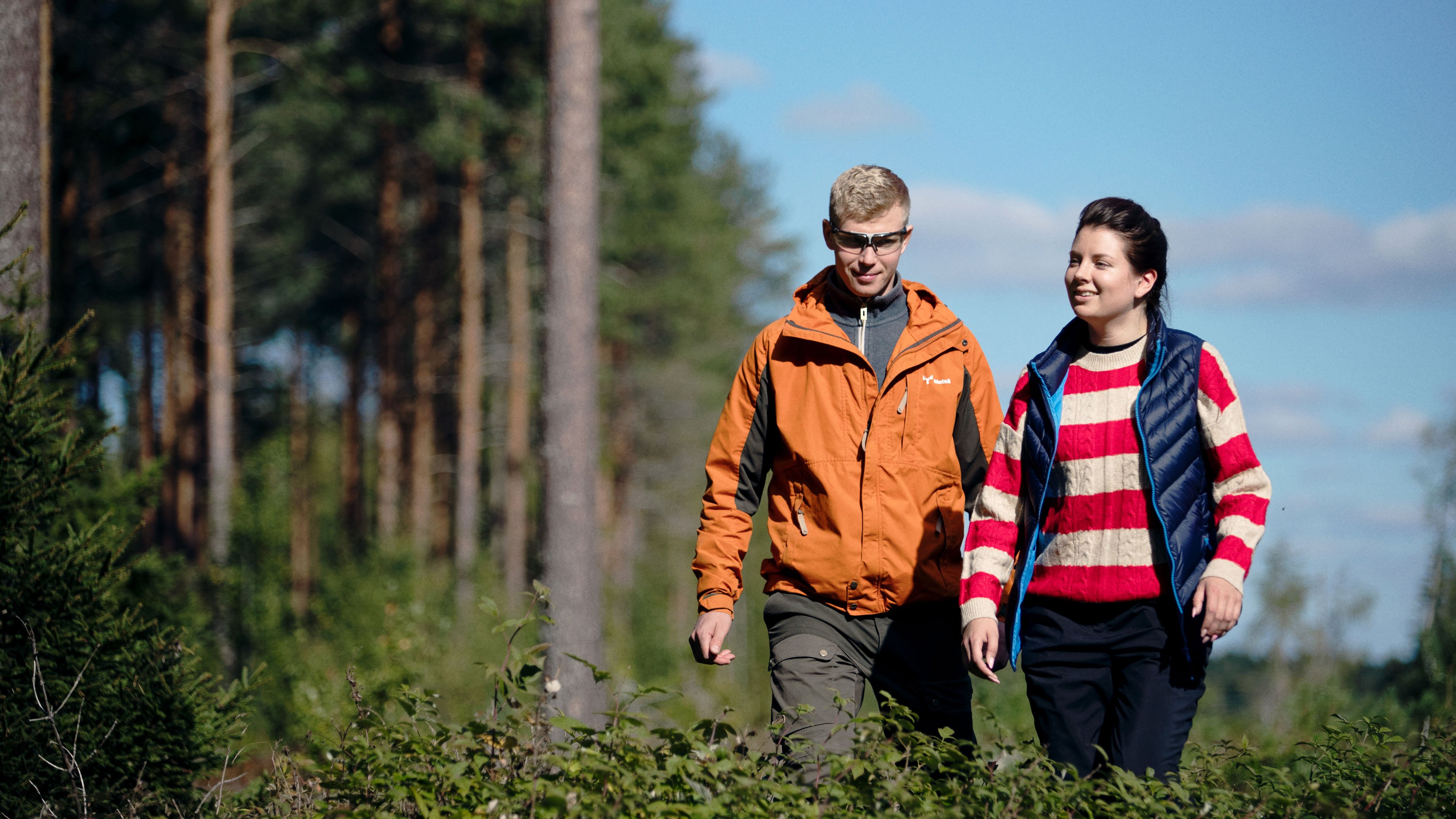 A forest specialist and forest owner walking among seedlings.