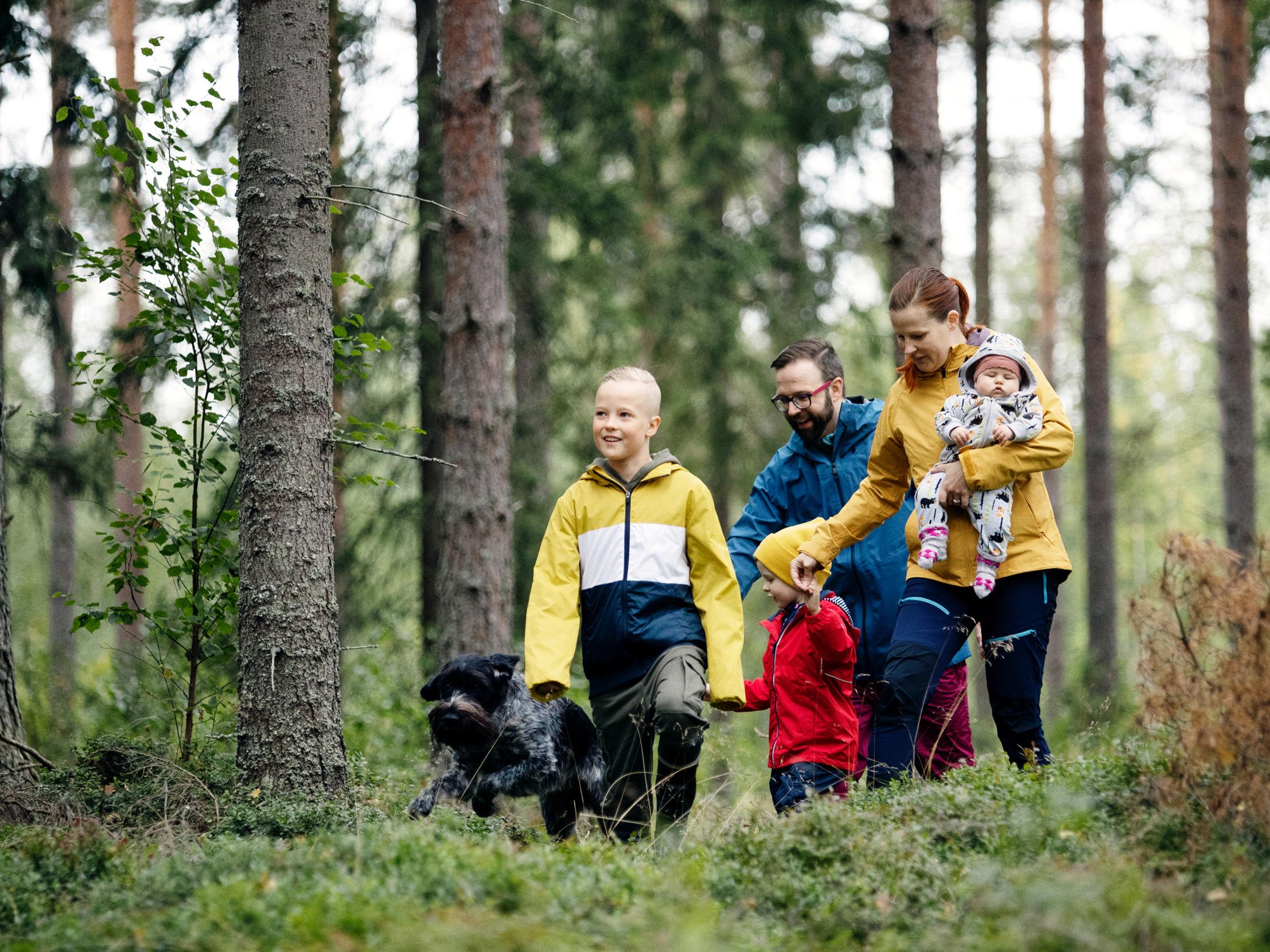 A family with children walking in the forest.