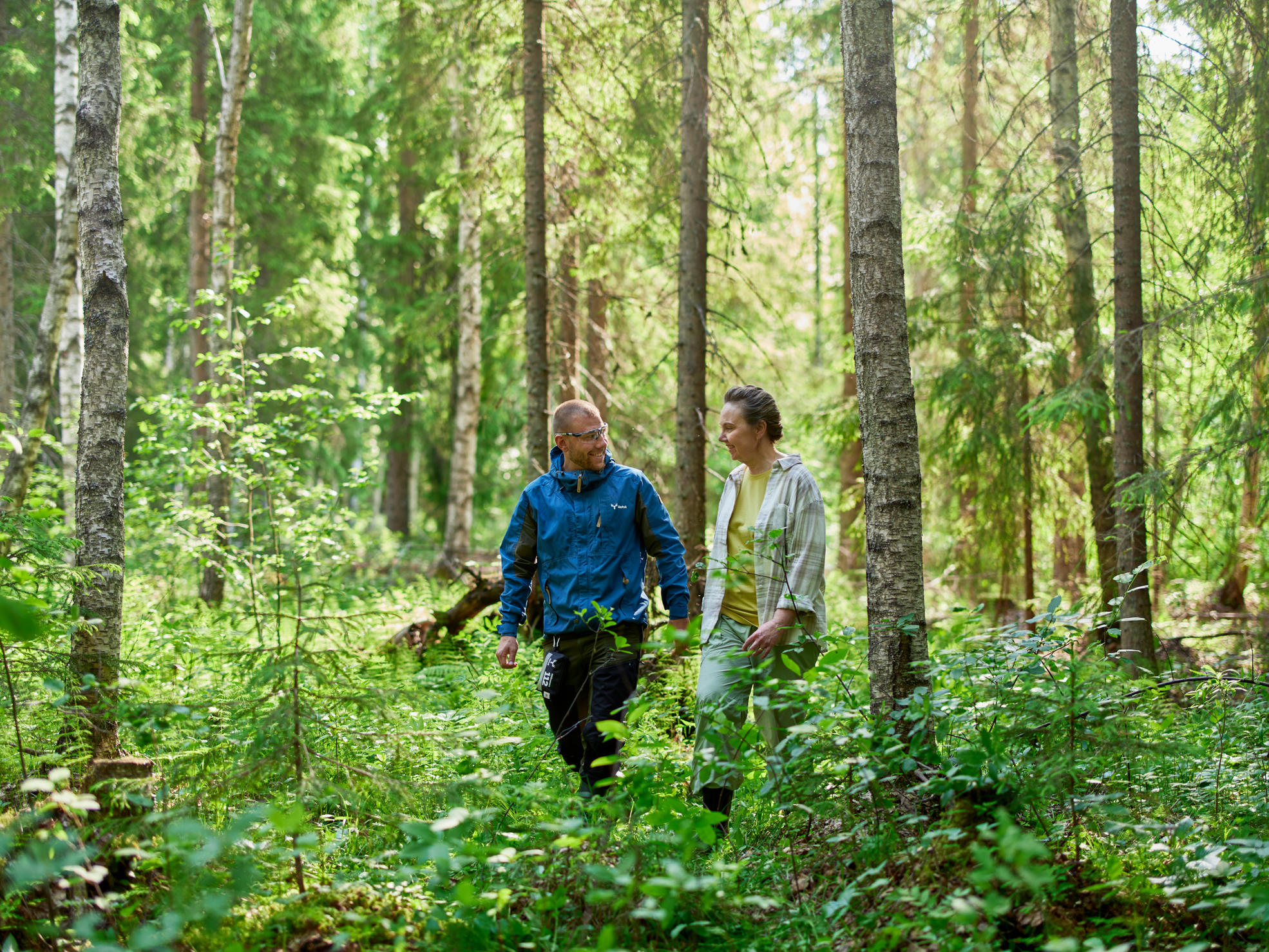 En skogsexpert och en skogsägare går i en lund.